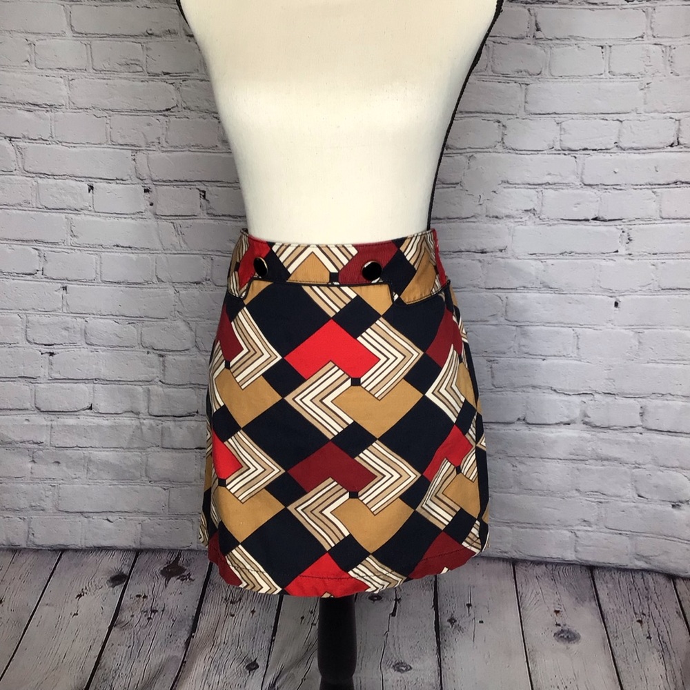 LOFT Twill Cotton Mini Skirt Brown Black Red Geometric Print Side Zip 6P